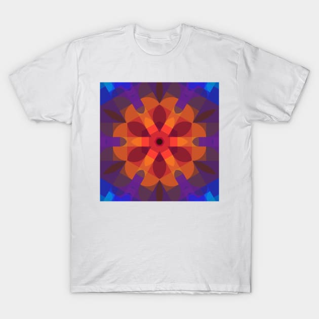 Retro Mandala Flower Orange Purple and Blue T-Shirt by WormholeOrbital